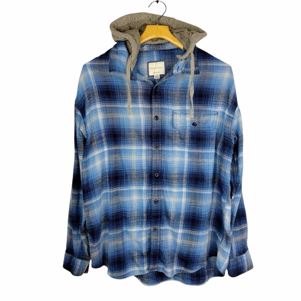 American Eagle Flannel Hoodie Shirt Blue Plaid Super Soft Removable Hood Large
